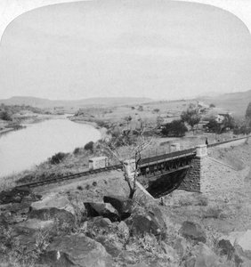 Pom-Pom Bridge and Boer Headquarters Telegraph Station, Tugela River, Natal, South Africa, 1901 by Underwood and Underwood