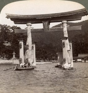 Sacred Torii Gate Rising from the Sea, Itsukushima Shrine, Miyajima Island, Japan by Underwood and Underwood