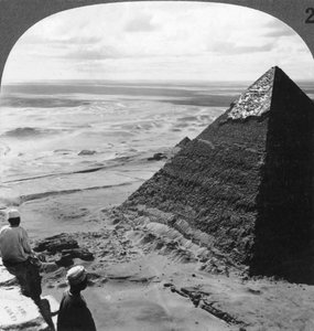 The Second Pyramid, showing part of the original covering, Egypt, 1905 by Underwood and Underwood