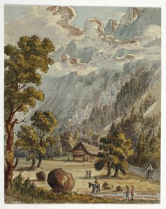 Chalet and Garden below Alps (front); Village & Glacier du Boissons, Chamix (back)