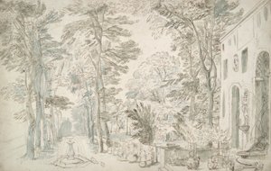 Garden with Fountains and Potted Shrubs