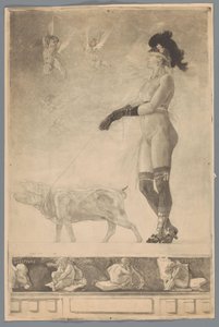 Blindfolded Naked Woman Led by a Pig