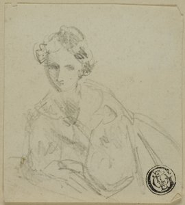 Half-Length Sketch of Woman in Evening Dress Leaning on Balustrade