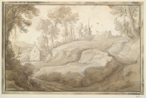 Hilly Landscape with House and Church in Middle Distance by Unknown