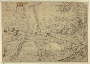 Landscape with Bridge over Gorge, with Mountains and Castle in Distance