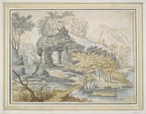 Landscape with Buildings on Archway in Rocks