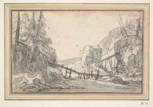 Mountainous Landscape with Wooden Footbridge by Unknown