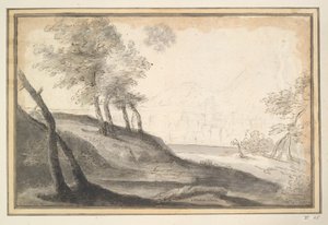 Mountainous landscape with trees and city in distance by Unknown