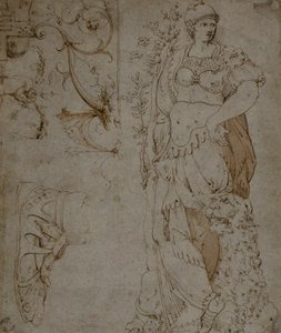 Three Sketches: Fortitude, a Sandal, and Grotesques (recto); Sketches of Grotesques, and Roman Cuirass (verso) by Unknown