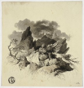 Violent Storm in Mountains with Erupting Volcano in Distance