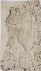 Woman and Nude Young Boy Surrounded by Figures