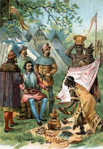 1518 - 1519: Fernand Cortez left for the conquest of Mexico receives the presents of Emperor Montezuma by Unknown artist