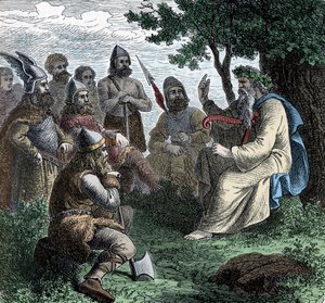 A Bard Reciting to Northmen - Viking Civilization: A Bard Druid Recites Poesy to Warriors, 8th-9th century