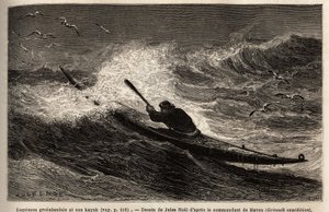 A Greenland kayak, passing the wave barrier. Engraving to illustrate the voyage to the free sea of the Arctic pole, by Doctor Hayes, surgeon of the United States Navy, in 1860-1862, published in 