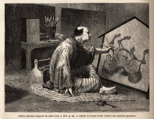A Japanese artist painting a yema (legendary horse painting). Engraving to illustrate the voyage to Japan, in 1863-1864, by Aime Humbert, minister of the Swiss Confederation, in 