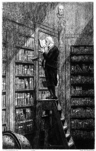 A librarian on his ladder examining books on shelving. Engraving of the 19th century by Unknown artist
