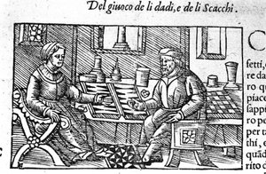 A couple playing dice. Engraving after Historia de gentis septemtrionalis by Olaus Magnus, Rome 1560. by Unknown artist