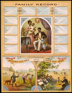 A diagram showing two farms that compare slavery and freedom. High part reserved for recording family anniversaries. Engraving, circa 1880 by Unknown artist