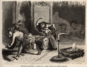 A domestic exorcism, ceremony of the oni arahi, the head of the house dressed in his finest clothes, sword on the belt, walks at midnight the pieces of his house and throws roasted beans to drive out demons and attract the god of wealth and his companion by Unknown artist