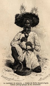 A Fakir, Snake Charmer. Engraving to Illustrate the Voyage in the Meridional Provinces of India, by Alfred Grandidier, in 1862-1864, Published in le tour du monde, under the Direction of Edouard Charton, Hachette, Paris 1869. Selva Collection.