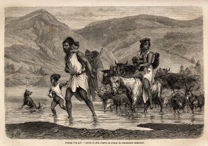 A family of Kabyle shepherds crosses the wadi Djema to go to the Beni Menguellet march, the most important in the region; the head of the family ventures first, followed by his family and his herd, the sheep first and after them the bulk of the cattle. Eng by Unknown artist