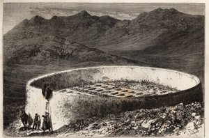 A guebra cemetery near Teheran, in the shape of a large tower with a circumference of 60 metres and a height of 5 metres; the interior is arranged in maconnated boxes, each serves as an entrance into the vaults or bones are deposited