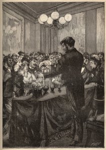 A magician using a nutmeg box to make a ball appear and disappear. Engraving from 1885 in 