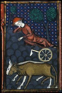 A peasant resting, next to him oxen and a miniature plow of the 14th century by Unknown artist