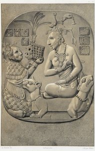 A queen squatting on a sofa, receiving an offering from an Ethiopian woman - in 