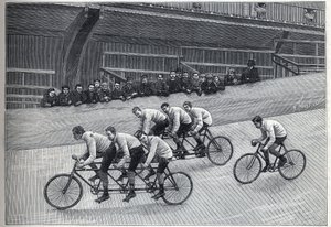 A Recordman Cyclist with His Trainers on Triplet Trains on a Bike Track. Engraving in 