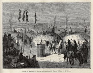 A village of Mandans Indians (or noumah ka kie: pheasants) on the left bank of Missouri, 600 leagues from the city of Saint Louis. Engraving to illustrate an excursion among the Indian tribes of the basins of Colombia and Upper Missouri, by G. Catlin, in 1