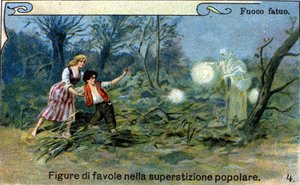 A wild fire, a diffuse light that can be seen at night near the marshes and cemeteries, would be a clever spirit from popular tradition. Chromolithograph of the 19th century
