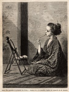 A young girl from Yedo (or Edo, present-day Tokyo), painting her lips in front of her mirror, has her dimensions the lacquer box containing her necessities: combs, brushes and hairpins, toothpowder, rice powder and other cosmetics. Engraving to illustrate by Unknown artist