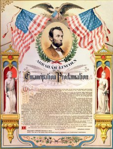 Abraham Lincoln and his proclamation of the Emancipation of slaves (flags and eagle). 22/09/1862 by Unknown artist