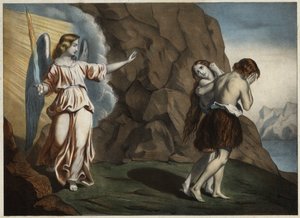 Adam and Eve chased from Paradise. Anonymous engraving from the middle of the 19th century by Unknown artist