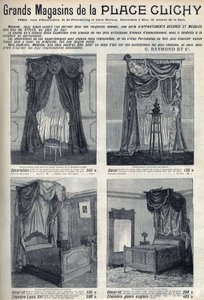 Advertising for furniture and decorations of the department stores of the Place de Clichy in Paris. Engraving in Le sun-du-dimanche by Unknown artist