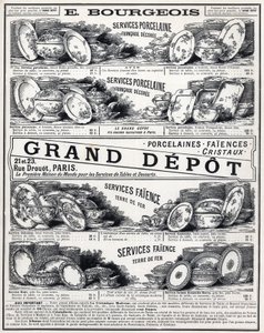 Advertising of 1889 for La Ceramic Moderne by Le Grand Depot De Porcelaines, Faiences Et Verreries Bourgeois in Paris
