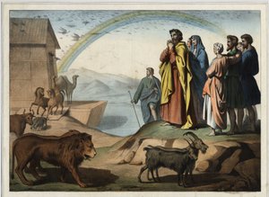 After the flood, the animals descend from the ark. On the right: Noah, his wife, his three sons (Shem, Sham and Japhet) and their wives. At the bottom, the rainbow (symbol of the order of creation concluded between Noah and God). Anonymous engraving from t