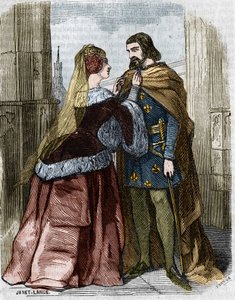 Agnes Sorel (1422-1450) (Lady of Beaute sur Marne) and King of France Charles VII in the Abbey of Jumieges. Engraving of the 19th century. by Unknown artist