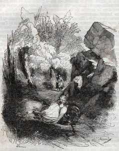 Angelique (Angelica) fleeing the old hermit - engraving of 1851 from Furious Roland (Orlando furioso) (16th century) by Ludovico Ariosto, known as the Ariosta - Edition translated from Italian by the Count of Tressan and published by Gustave Harvard 1 by Unknown artist