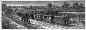 Application of Faure batteries: Electric train on a railway voice in a station. In Le Monde Illustre