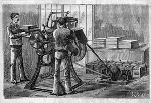 Application of Faure batteries: printer operated by the accumulator. In Le Monde Illustre