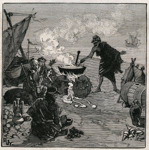 Art of Glass: Discovered Vitrification According to Pliny the Elder. In Antiquity, Merchants Failed on a Beach Fire with Kali Plants Among the Fuels. These Vegetables Provide Enough Soda to Produce Glass by Mixing with Sand. Engraving from 1885 by Unknown artist