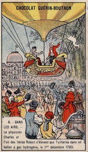 Ascension in a hydrogen gas balloon of French aeronautics Charles and Robert le Jeune, made in Paris, in the Tuileries Garden. December 1