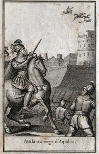 Barbarian invasions - Attila, king of the Huns, during the siege of Aquileia in Italy, 452. Engraving in 
