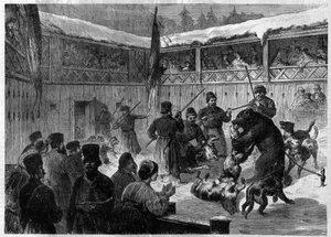 Bear fight against dogs in Moscow. Engraving in 