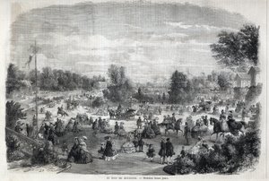 Beautiful days at the Bois de Boulogne in Paris. Engraving in 