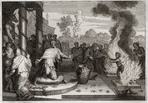 Bible of Royaumont, Old Testament: Ahaz Unholy King. The wicked Ahaz, King of Judah, irritates God, and is delivered to the enemies. Illustration from 1811