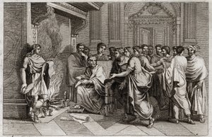 Bible of Royaumont, Old Testament: Baruch prophet. King Joachim (Joakim, Joachin, Jechonias) cuts the scroll containing Jeremiah