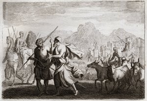 Bible of Royaumont, Old Testament: Calling of Abraham. God calls Abraham, and commands him to leave the land of the Chaldeans to come into a land which he promised to give him. Illustration from 1811 by Unknown artist